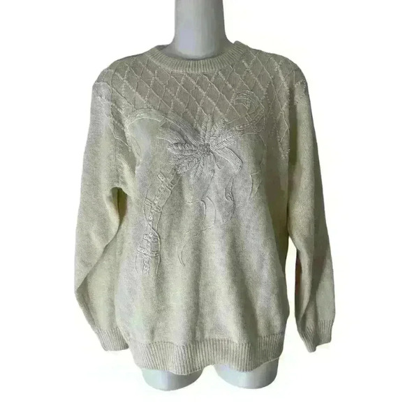 Alfred Dunner Sweaters - Women's Alfred Dunner Beige Sweater Floral Pattern Faux Pearls Size M